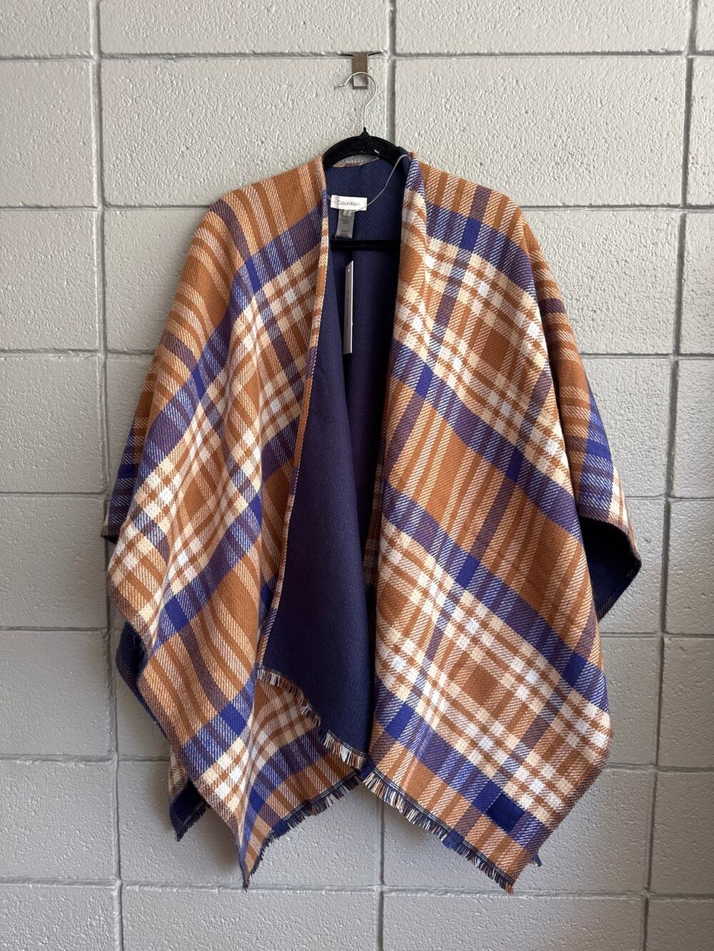 Calvin Klein Tan, Navy & White Plaid Poncho